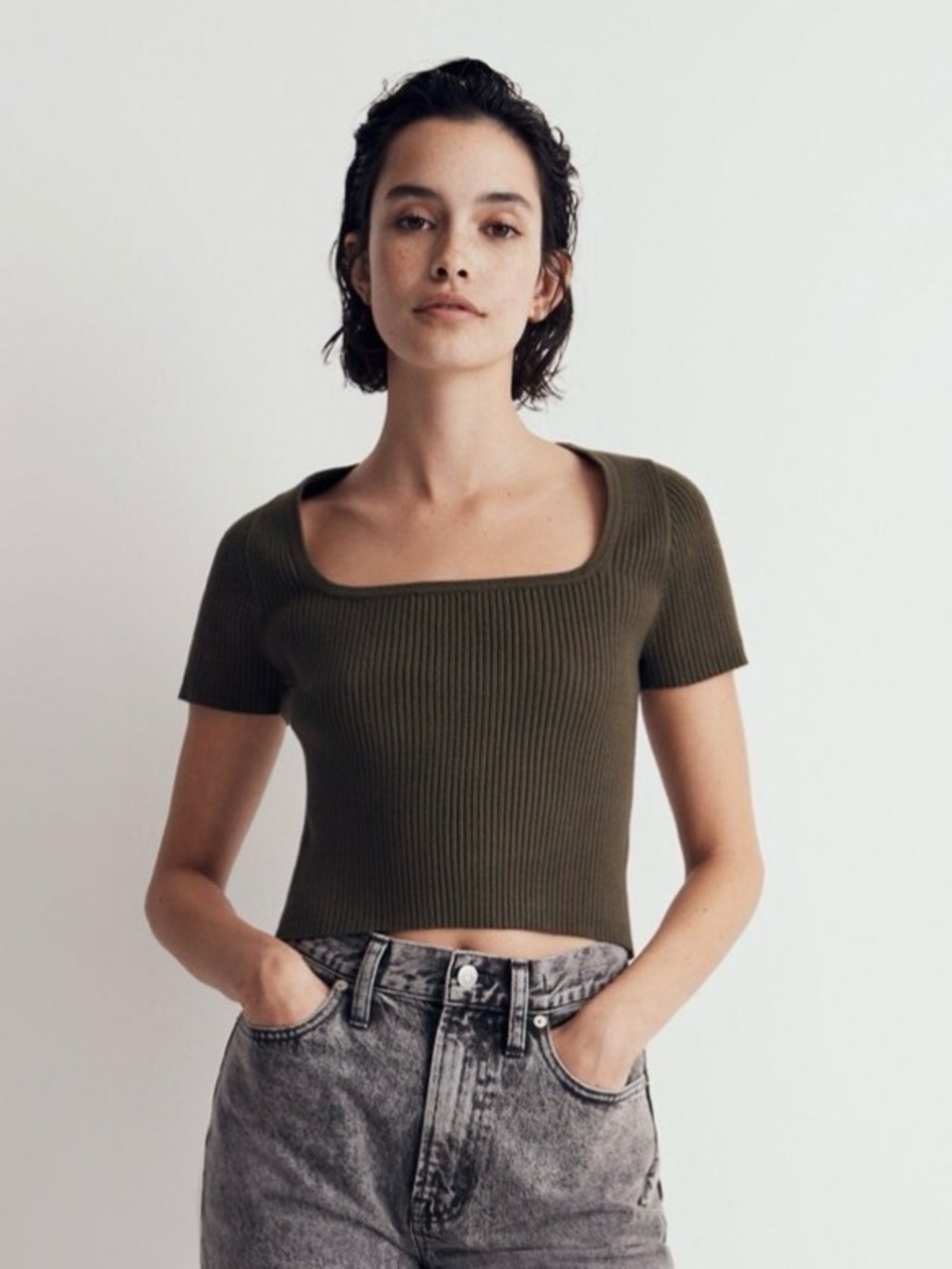Madewell Ribbed Square-Neck Crop Sweater Tee - Olive Green Size L